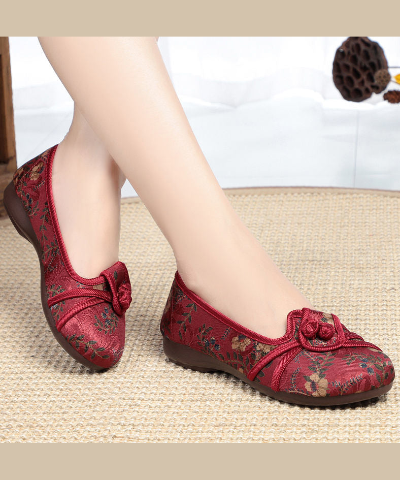 Comfortable Red Splicing Cotton Embroidery Flat Feet Shoes Ada Fashion