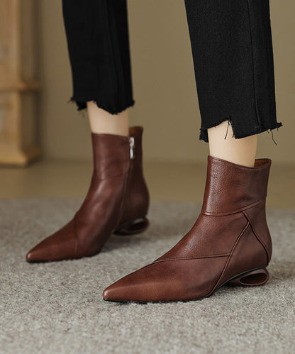 Comfortable Splicing Ankle Boots Brown Cowhide Leather Pointed Toe Ada Fashion