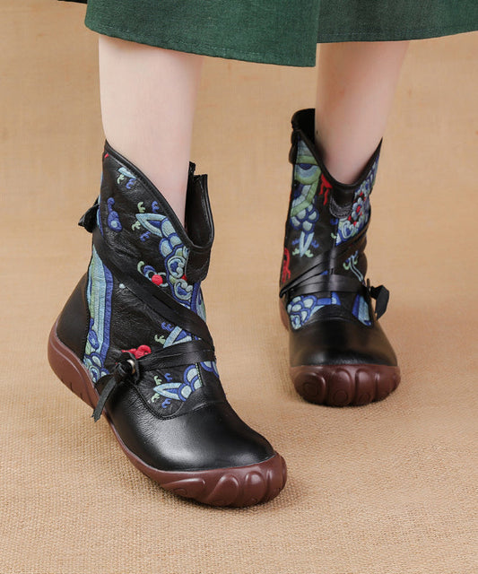 Comfortable Splicing Boots Black Retro Print Cowhide Leather Ada Fashion