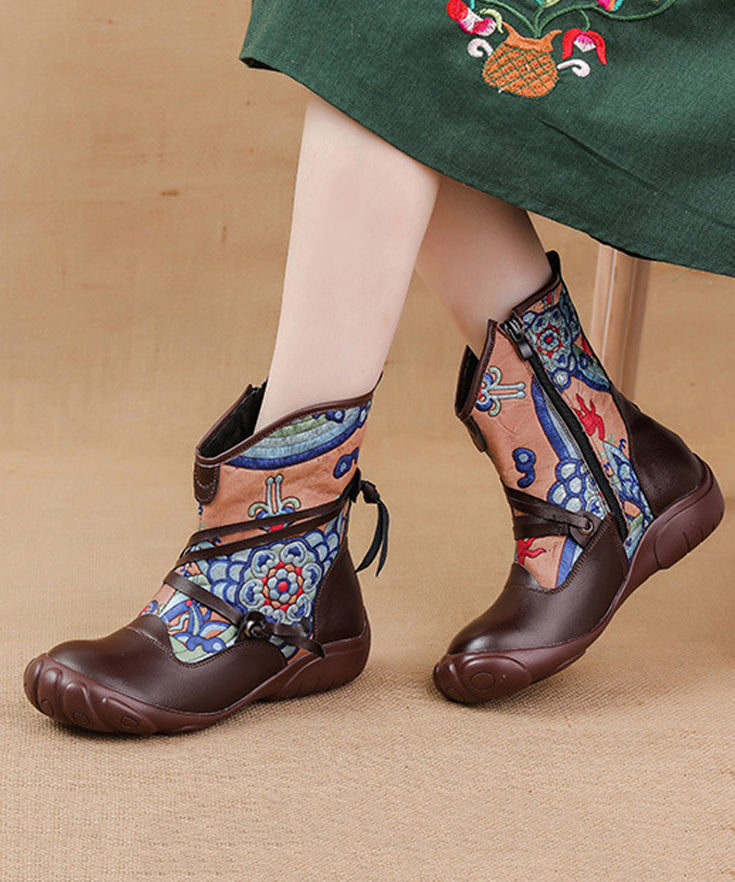 Comfortable Splicing Boots Black Retro Print Cowhide Leather Ada Fashion