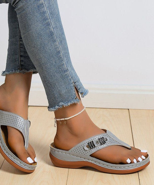 Comfy Grey Beach Flip Flops Faux Leather 2023 Splicing Rivet LY2671 - fabuloryshop