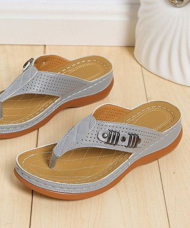 Comfy Grey Beach Flip Flops Faux Leather 2023 Splicing Rivet LY2671 - fabuloryshop