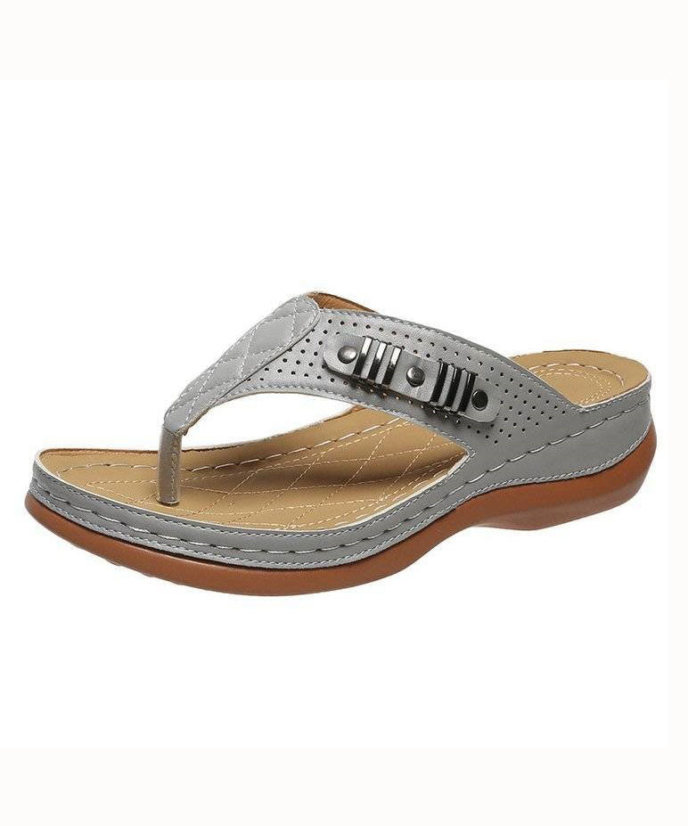 Comfy Grey Beach Flip Flops Faux Leather 2023 Splicing Rivet LY2671 - fabuloryshop