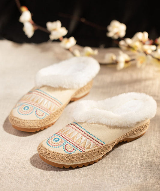 Comfy Splicing Women Beige Fuzzy Wool Lined Slippers Shoes LY7645