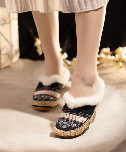 Comfy Splicing Women Beige Fuzzy Wool Lined Slippers Shoes LY7645