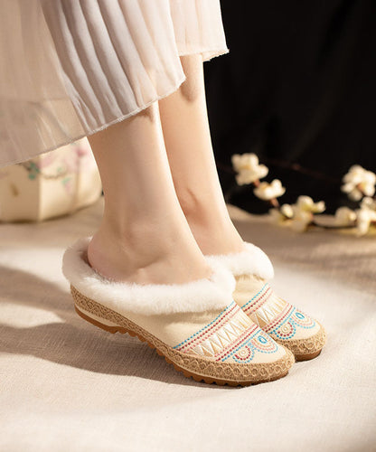 Comfy Splicing Women Beige Fuzzy Wool Lined Slippers Shoes LY7645