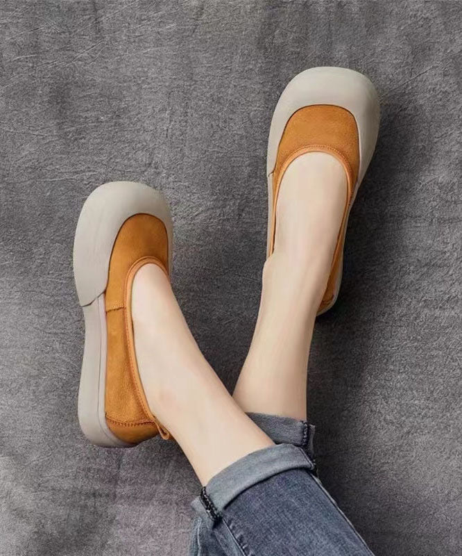 Comfy Yellow Cowhide Leather Women Splicing Flat Shoes Ada Fashion