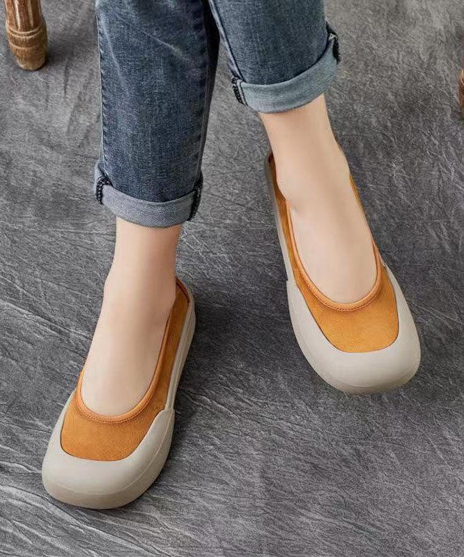 Comfy Yellow Cowhide Leather Women Splicing Flat Shoes Ada Fashion