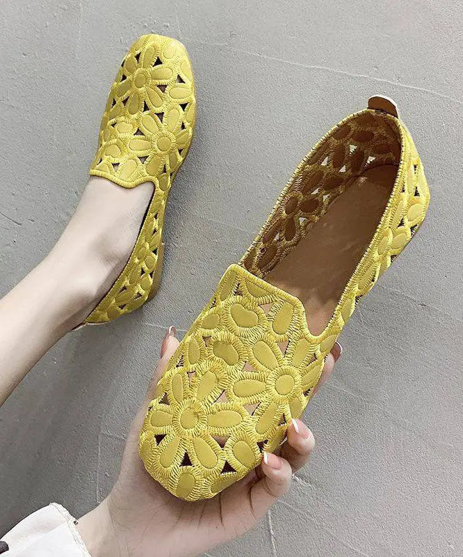Cotton Fabric Hollow Out Embroidery Splicing Yellow Loafers For Women Ada Fashion