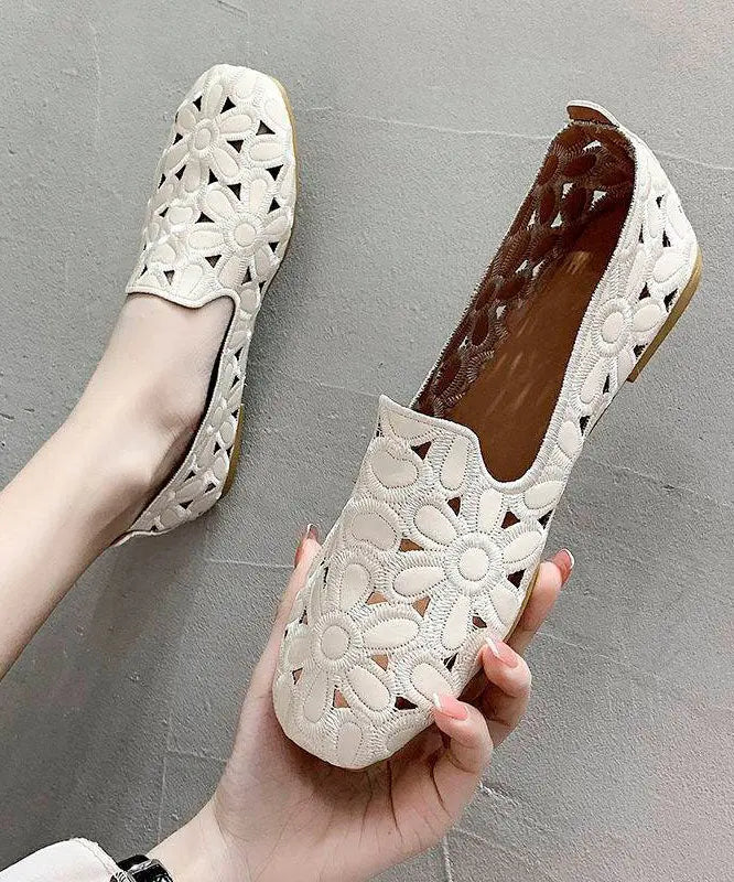 Cotton Fabric Hollow Out Embroidery Splicing Yellow Loafers For Women Ada Fashion