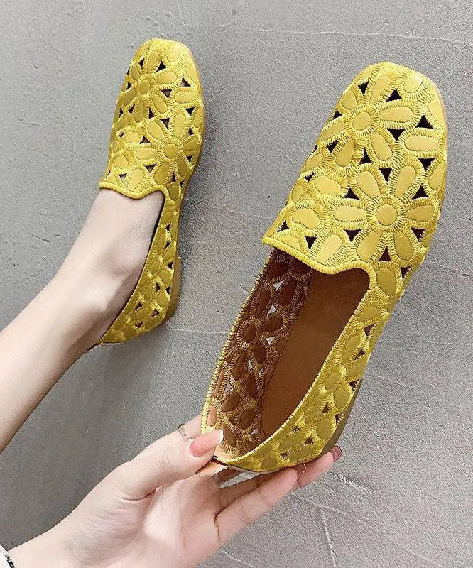 Cotton Fabric Hollow Out Embroidery Splicing Yellow Loafers For Women Ada Fashion