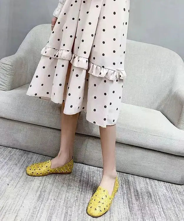 Cotton Fabric Hollow Out Embroidery Splicing Yellow Loafers For Women Ada Fashion