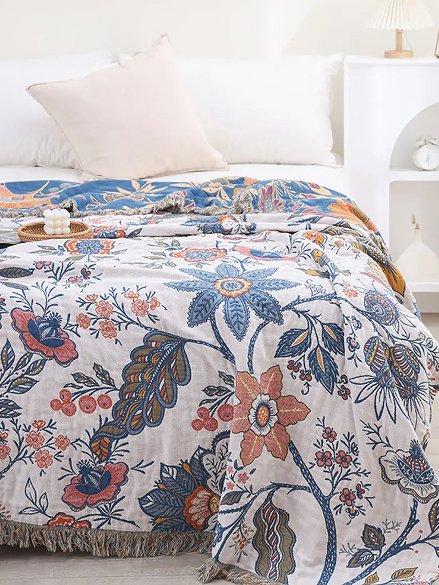 Cotton Flower Jacquard Tassel Bedcover Sofa Blanket Ada Fashion