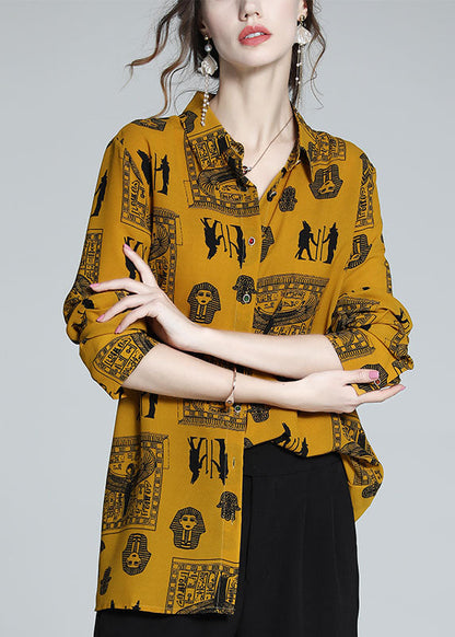 Cozy Yellow Peter Pan Collar Print Silk Shirt Top Spring LY0113 - fabuloryshop