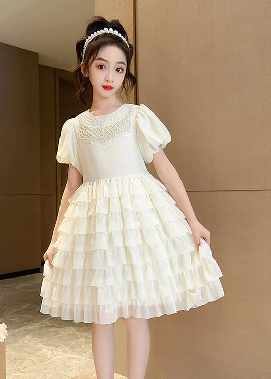 Cute Apricot O-Neck Patchwork Girls Chiffon Layered Long Dress Short Sleeve LY6376 - fabuloryshop