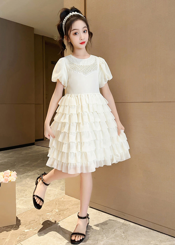 Cute Apricot O-Neck Patchwork Girls Chiffon Layered Long Dress Short Sleeve LY6376 - fabuloryshop