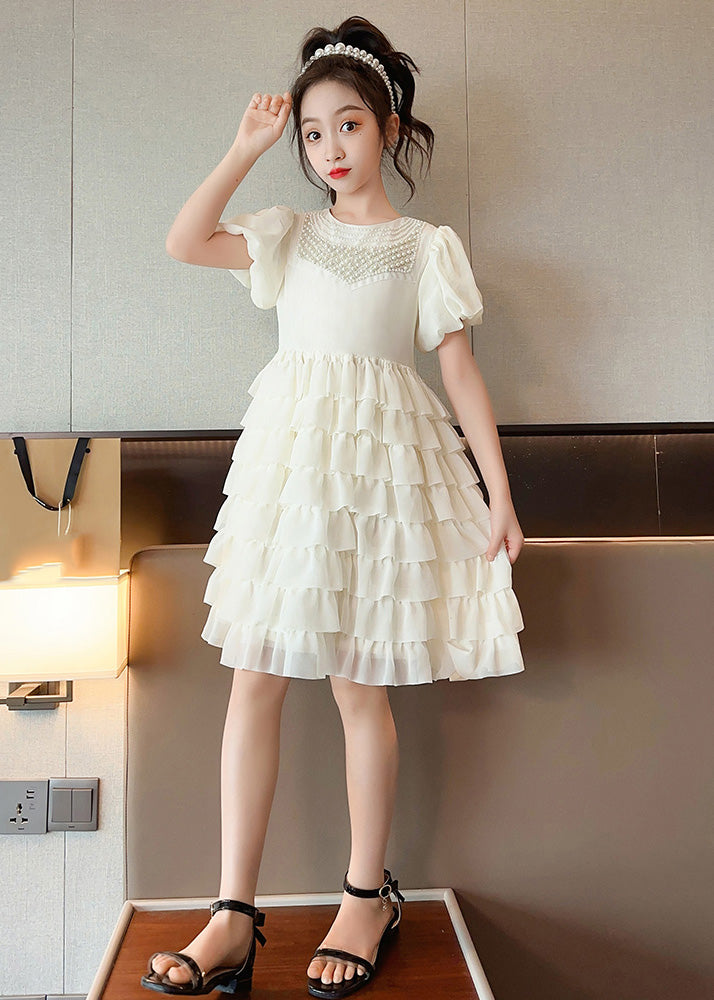 Cute Apricot O-Neck Patchwork Girls Chiffon Layered Long Dress Short Sleeve LY6376 - fabuloryshop