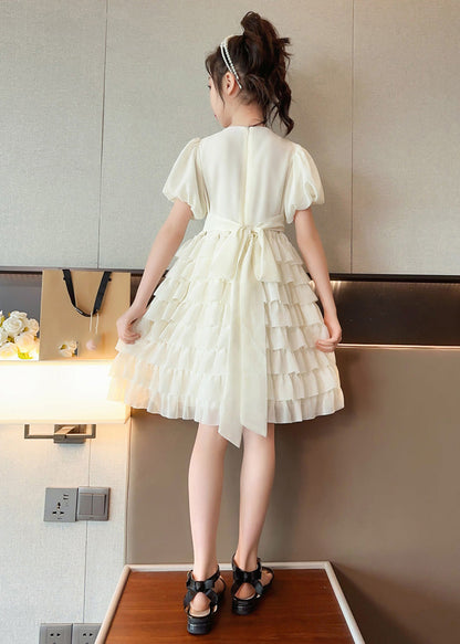 Cute Apricot O-Neck Patchwork Girls Chiffon Layered Long Dress Short Sleeve LY6376 - fabuloryshop