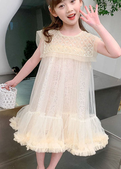 Cute Apricot Ruffled Sequins Patchwork Tulle Baby Girls Dresses Summer Ada Fashion