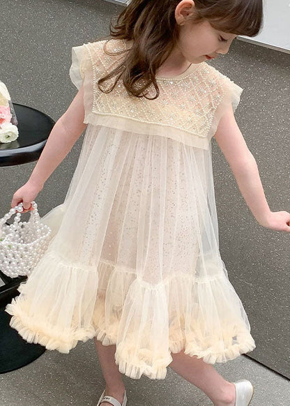 Cute Apricot Ruffled Sequins Patchwork Tulle Baby Girls Dresses Summer Ada Fashion