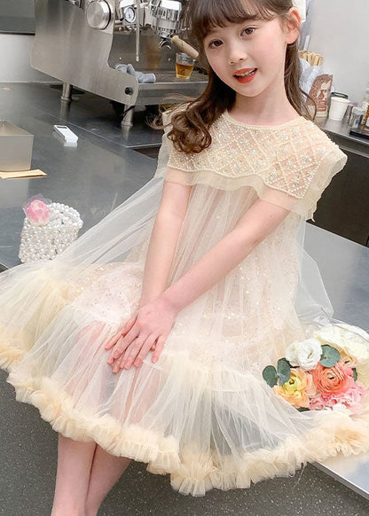 Cute Apricot Ruffled Sequins Patchwork Tulle Baby Girls Dresses Summer Ada Fashion