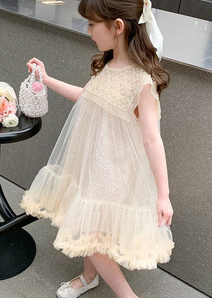 Cute Apricot Ruffled Sequins Patchwork Tulle Baby Girls Dresses Summer Ada Fashion