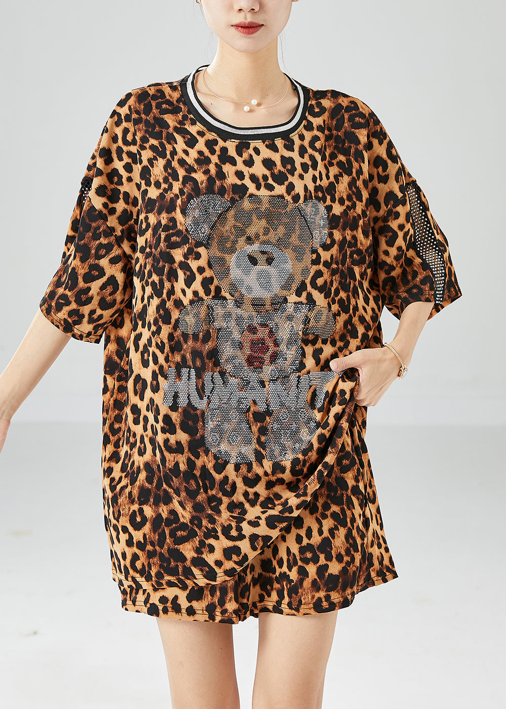 Cute Bear Oversized Leopard Print Chiffon Two Pieces Set Summer LY6108 - fabuloryshop