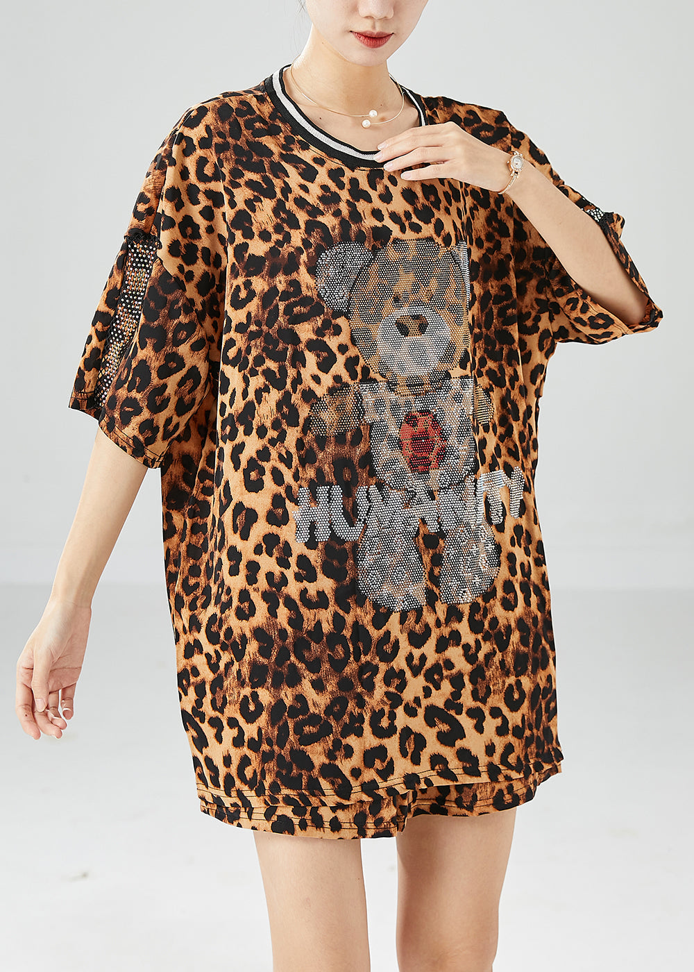 Cute Bear Oversized Leopard Print Chiffon Two Pieces Set Summer LY6108 - fabuloryshop