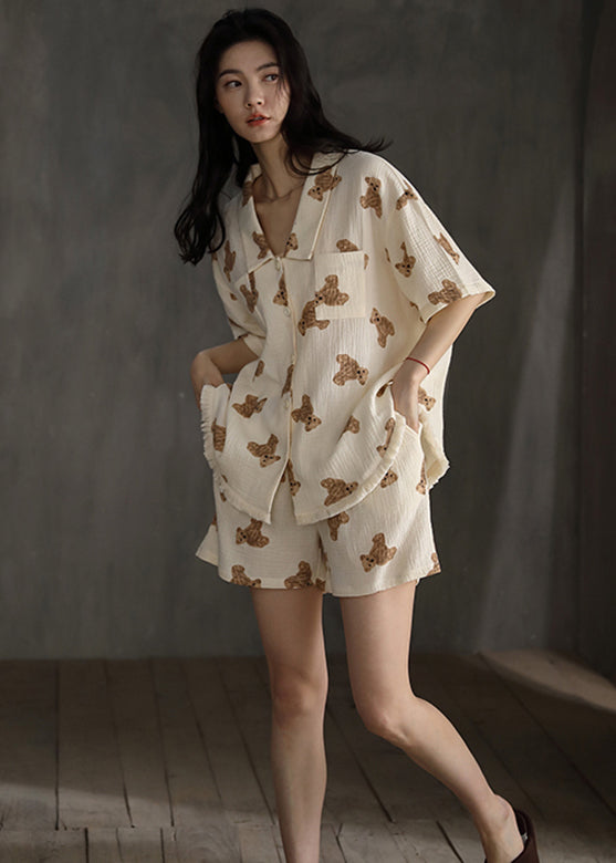 Cute Beige Peter Pan Collar Litter Bear Print Cotton Pajamas Two Pieces Set Short Sleeve LY2754