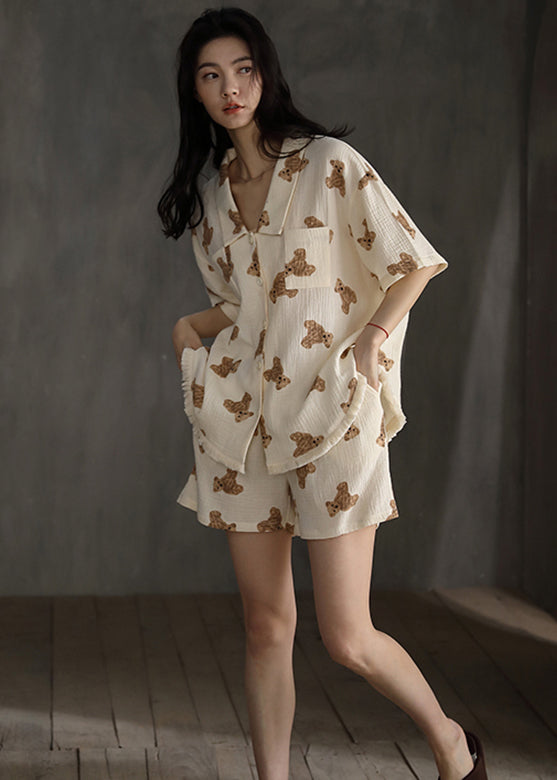 Cute Beige Peter Pan Collar Litter Bear Print Cotton Pajamas Two Pieces Set Short Sleeve LY2754 - fabuloryshop