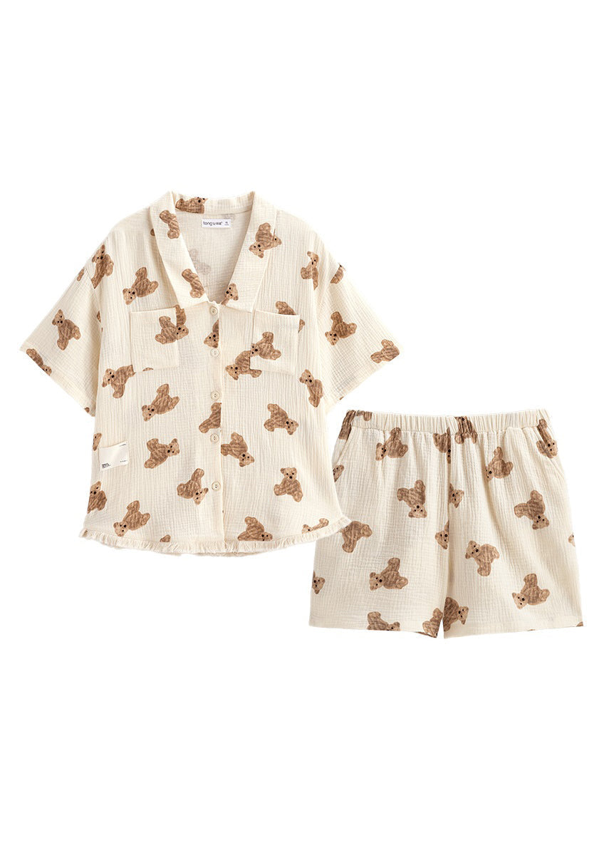 Cute Beige Peter Pan Collar Litter Bear Print Cotton Pajamas Two Pieces Set Short Sleeve LY2754 - fabuloryshop