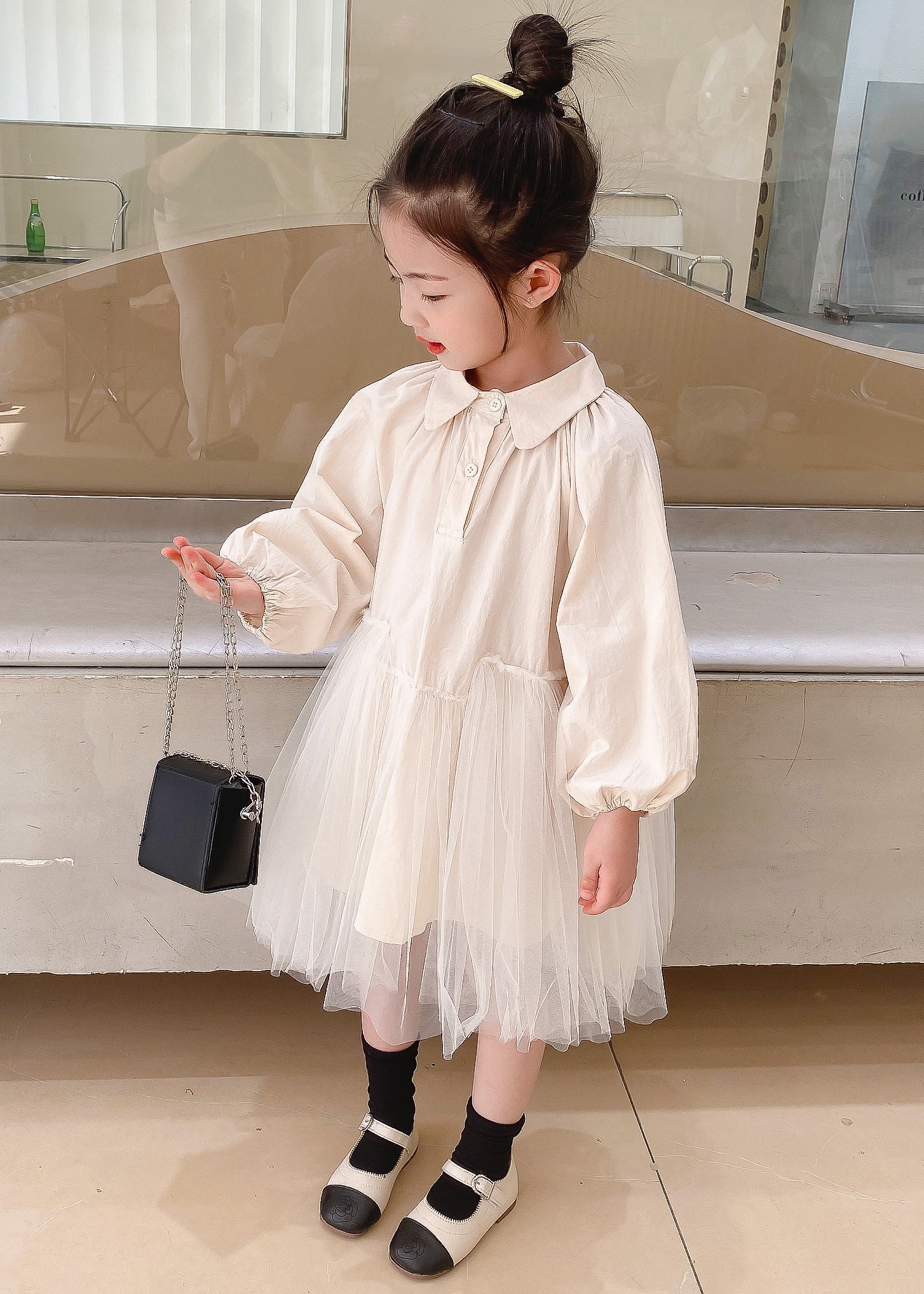 Cute Beige Peter Pan Collar Tulle Patchwork Cotton Girls Dresses Fall Ada Fashion