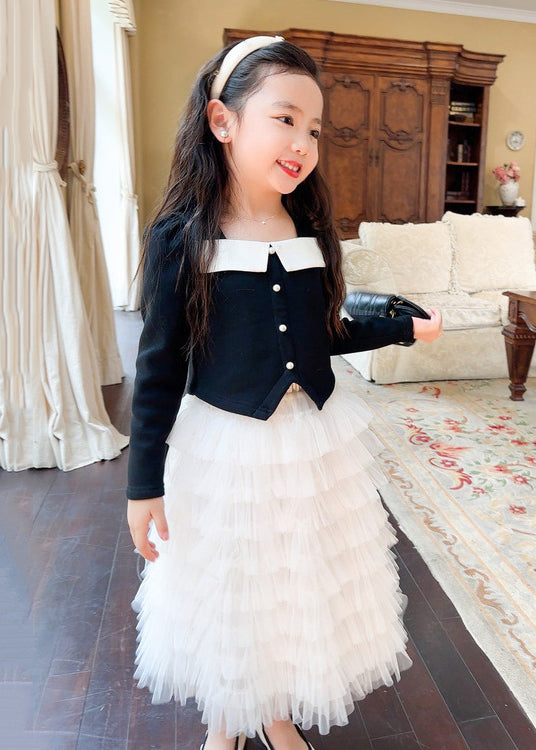 Cute Black Cotton Tops And Tulle Skirts Baby Girls Two Pieces Set Fall Ada Fashion