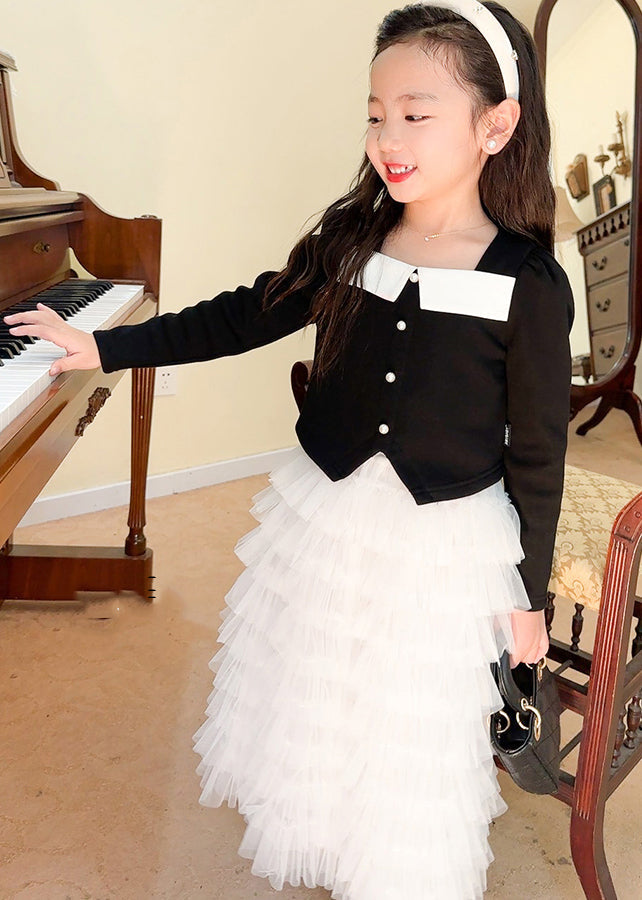 Cute Black Cotton Tops And Tulle Skirts Baby Girls Two Pieces Set Fall Ada Fashion