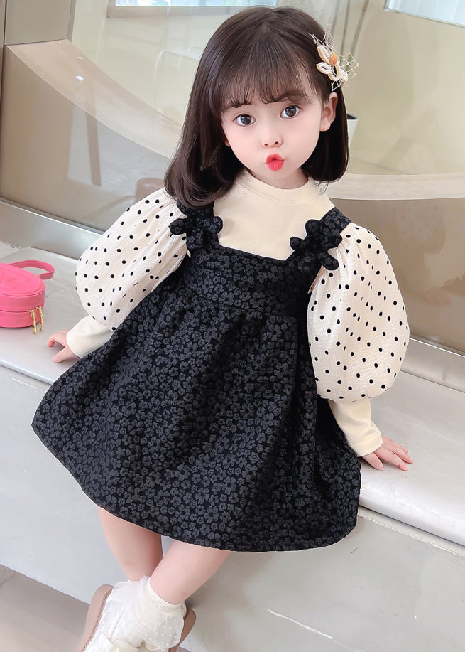 Cute Black Dot Patchwork False Two Pieces Cotton Girls Dresses Lantern Sleeve Ada Fashion