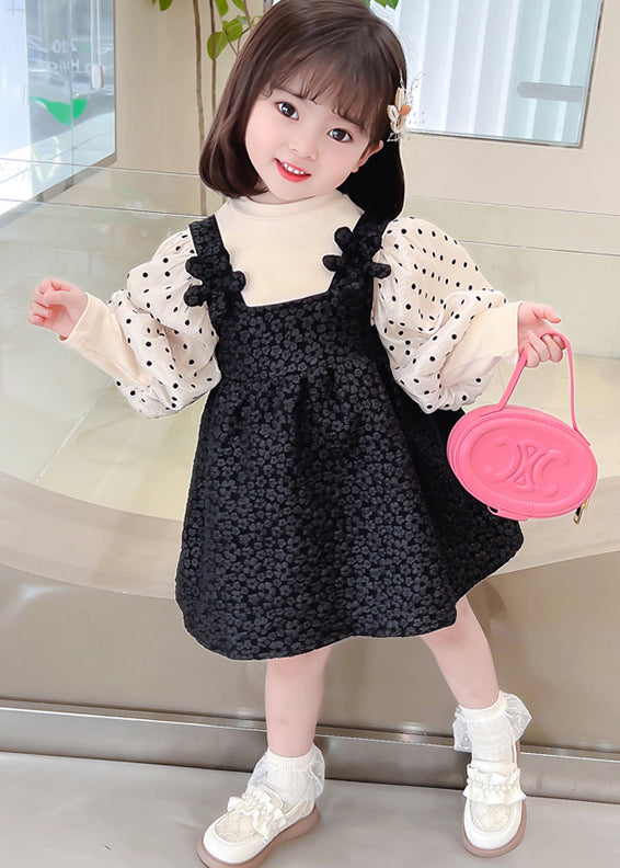 Cute Black Dot Patchwork False Two Pieces Cotton Girls Dresses Lantern Sleeve Ada Fashion