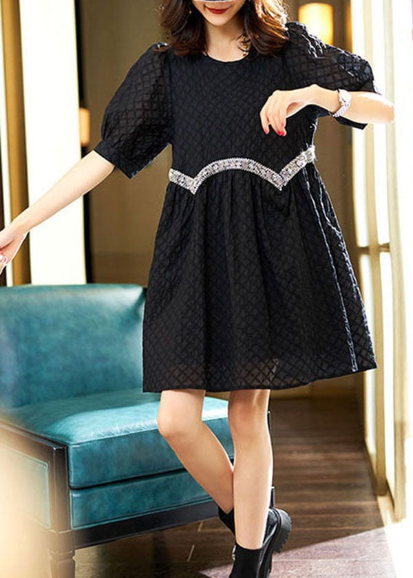 Cute Black O Neck Zircon Patchwork Cotton Dresses Summer LY3860 - fabuloryshop