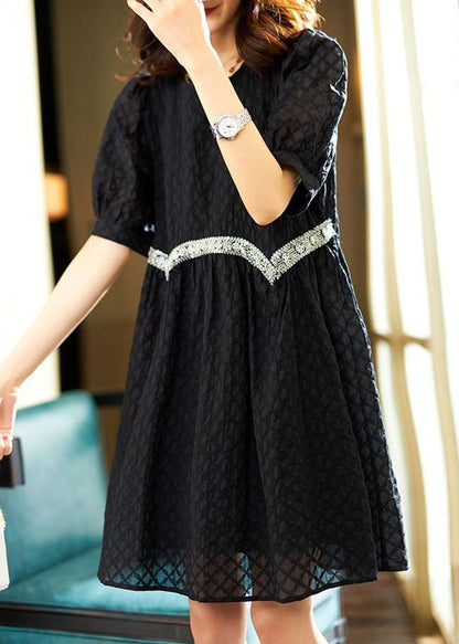 Cute Black O Neck Zircon Patchwork Cotton Dresses Summer LY3860 - fabuloryshop