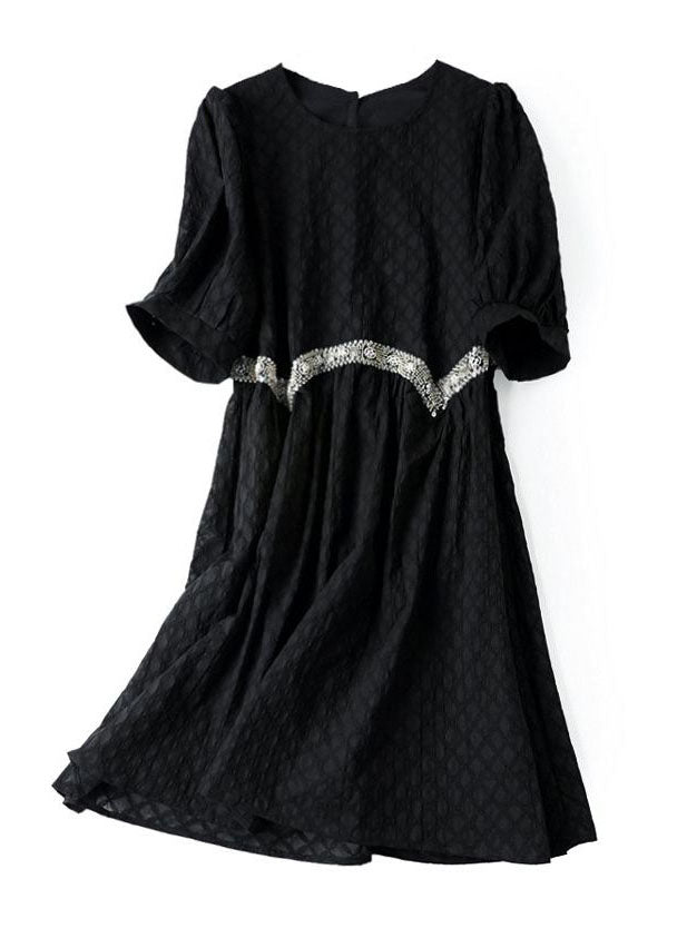 Cute Black O Neck Zircon Patchwork Cotton Dresses Summer LY3860 - fabuloryshop