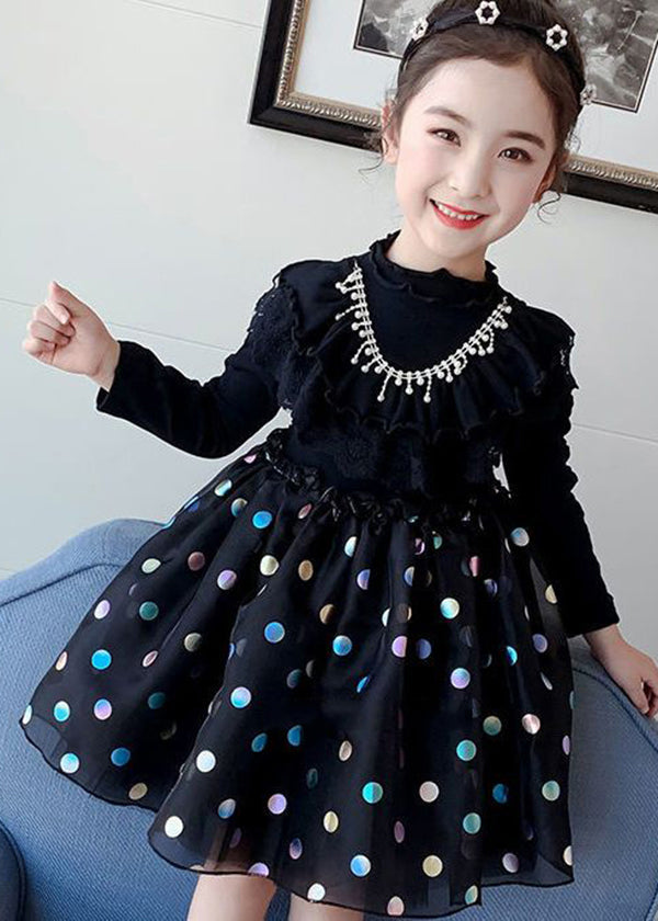 Cute Black Print Ruffled Tulle Patchwork Cotton Baby Girls Dress Fall Ada Fashion