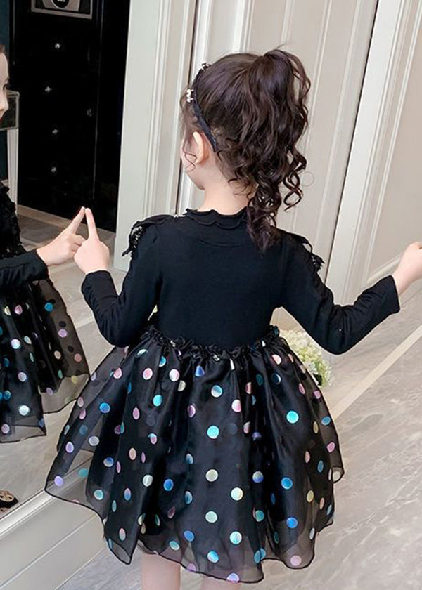 Cute Black Print Ruffled Tulle Patchwork Cotton Baby Girls Dress Fall Ada Fashion