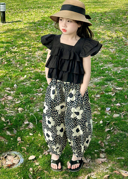 Cute Black Ruffled Patchwork Cotton Kids Girls Two Piece Suit Summer LY5522 - fabuloryshop