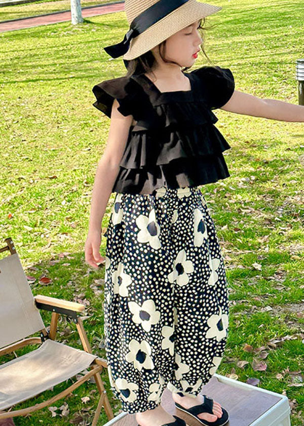 Cute Black Ruffled Patchwork Cotton Kids Girls Two Piece Suit Summer LY5522 - fabuloryshop