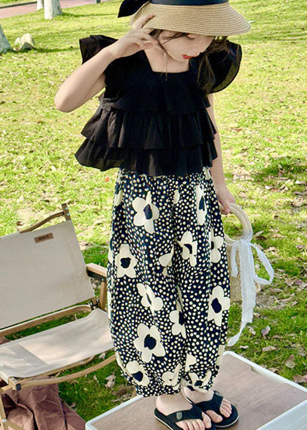 Cute Black Ruffled Patchwork Cotton Kids Girls Two Piece Suit Summer LY5522 - fabuloryshop