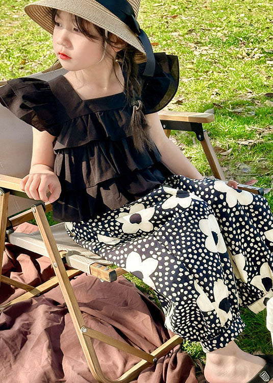 Cute Black Ruffled Patchwork Cotton Kids Girls Two Piece Suit Summer LY5522 - fabuloryshop