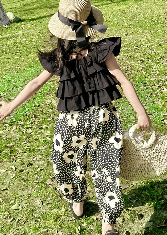 Cute Black Ruffled Patchwork Cotton Kids Girls Two Piece Suit Summer LY5522 - fabuloryshop