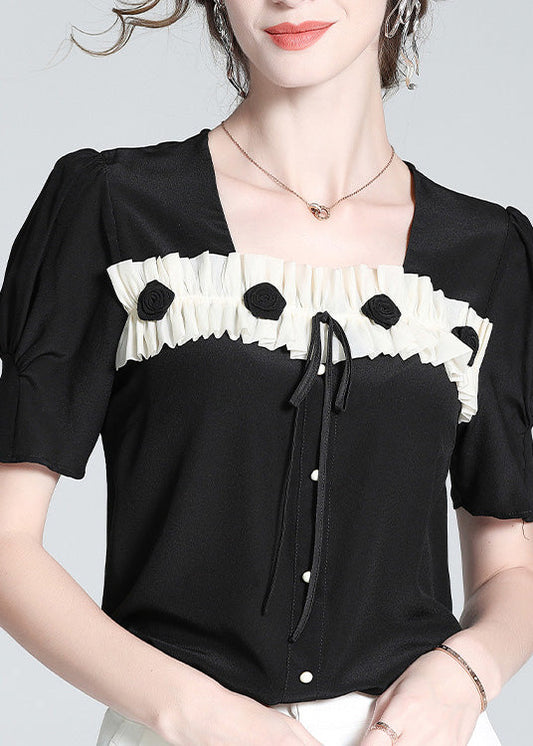 Cute Black Square Collar Patchwork Silk Top Summer LY0107 - fabuloryshop