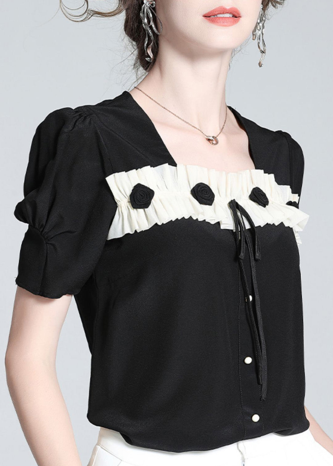 Cute Black Square Collar Patchwork Silk Top Summer LY0107 - fabuloryshop