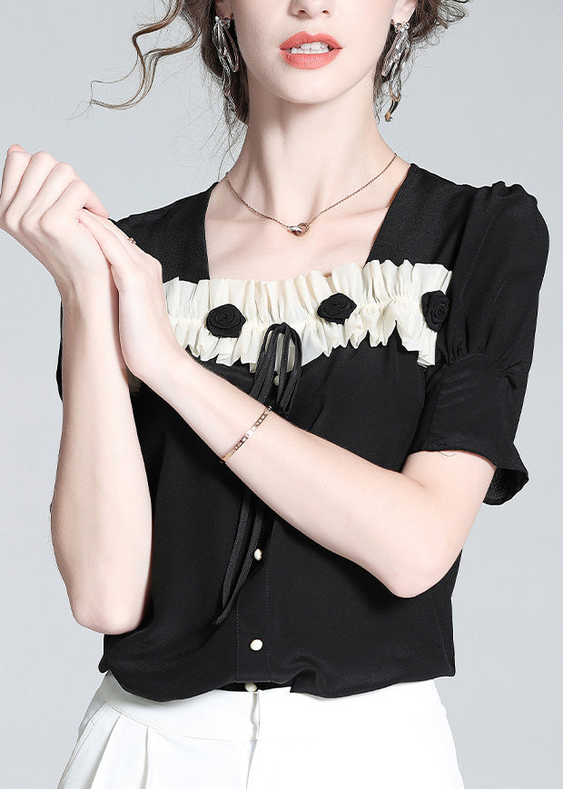 Cute Black Square Collar Patchwork Silk Top Summer LY0107 - fabuloryshop