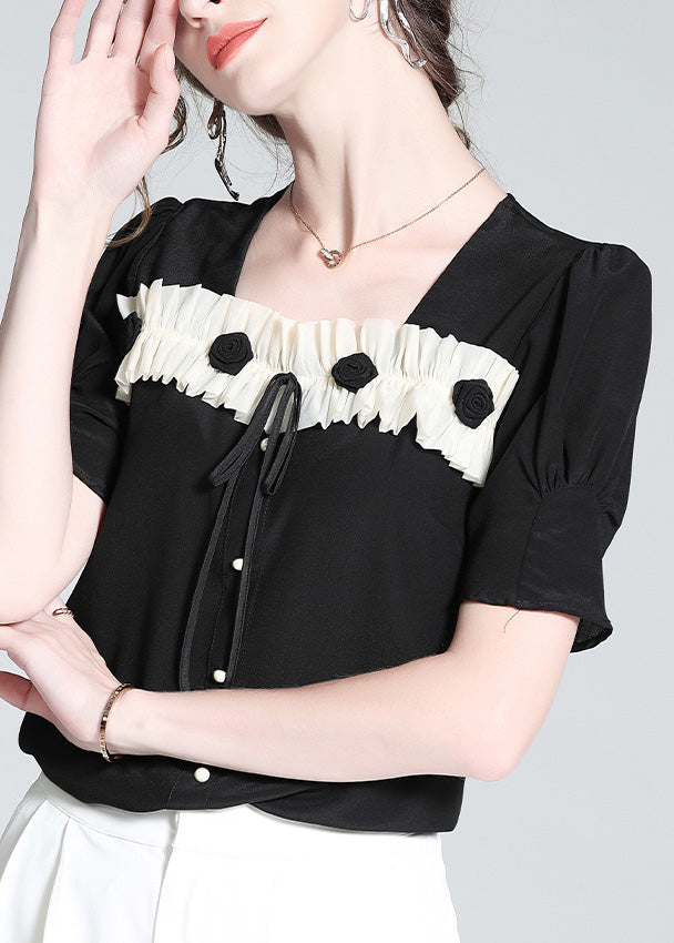 Cute Black Square Collar Patchwork Silk Top Summer LY0107 - fabuloryshop